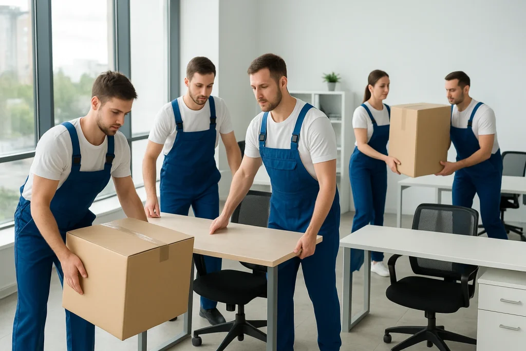 Professional commercial business moving team relocating office furniture safely