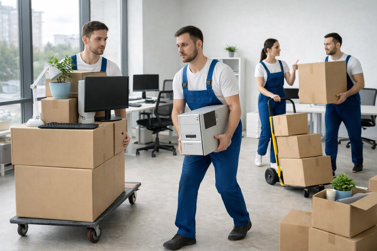 Professional office moving team relocating desks and office equipment safely