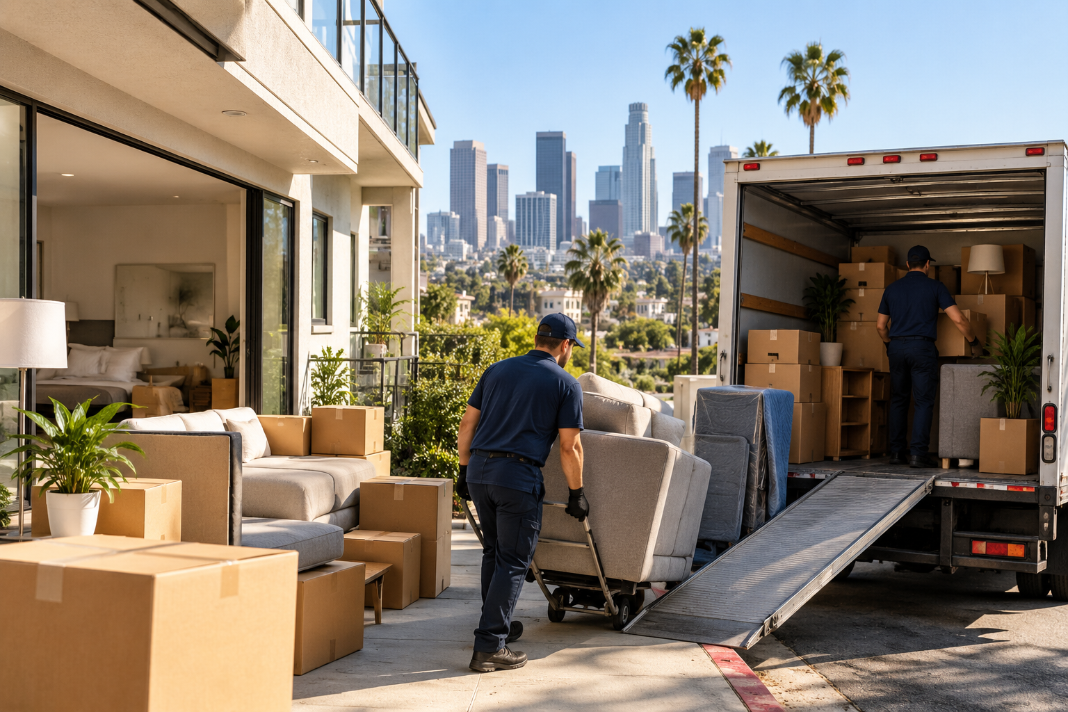 Movers loading a truck, cost to move a 1-bedroom apartment in Los Angeles